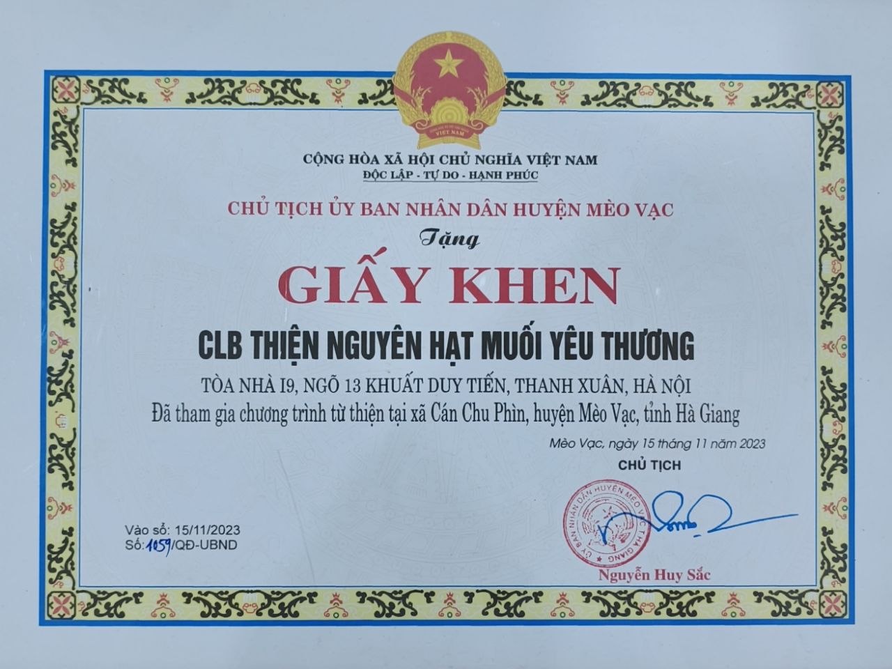 Giấy chứng nhận dành cho Hạt Muối Yêu Thương